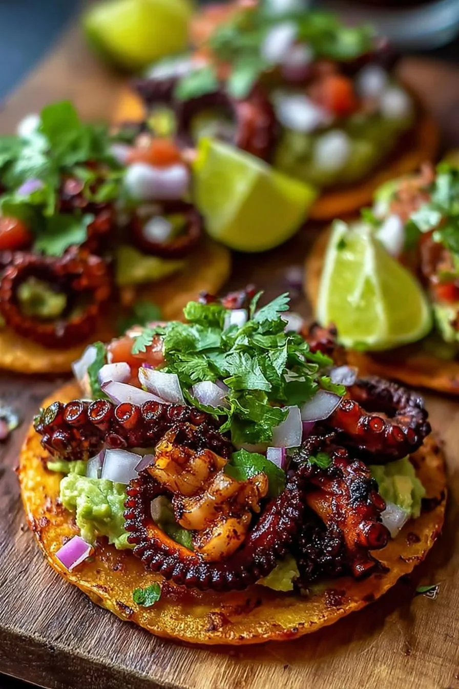 Spicy grilled octopus tostadas topped with fresh ingredients on a plate