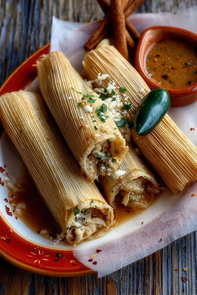 Spicy jalapeño cream cheese tamales served on a colorful plate.