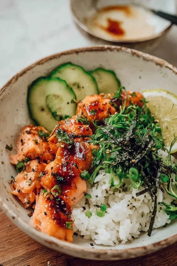 Delicious spicy salmon bowls with coconut rice topped with fresh vegetables