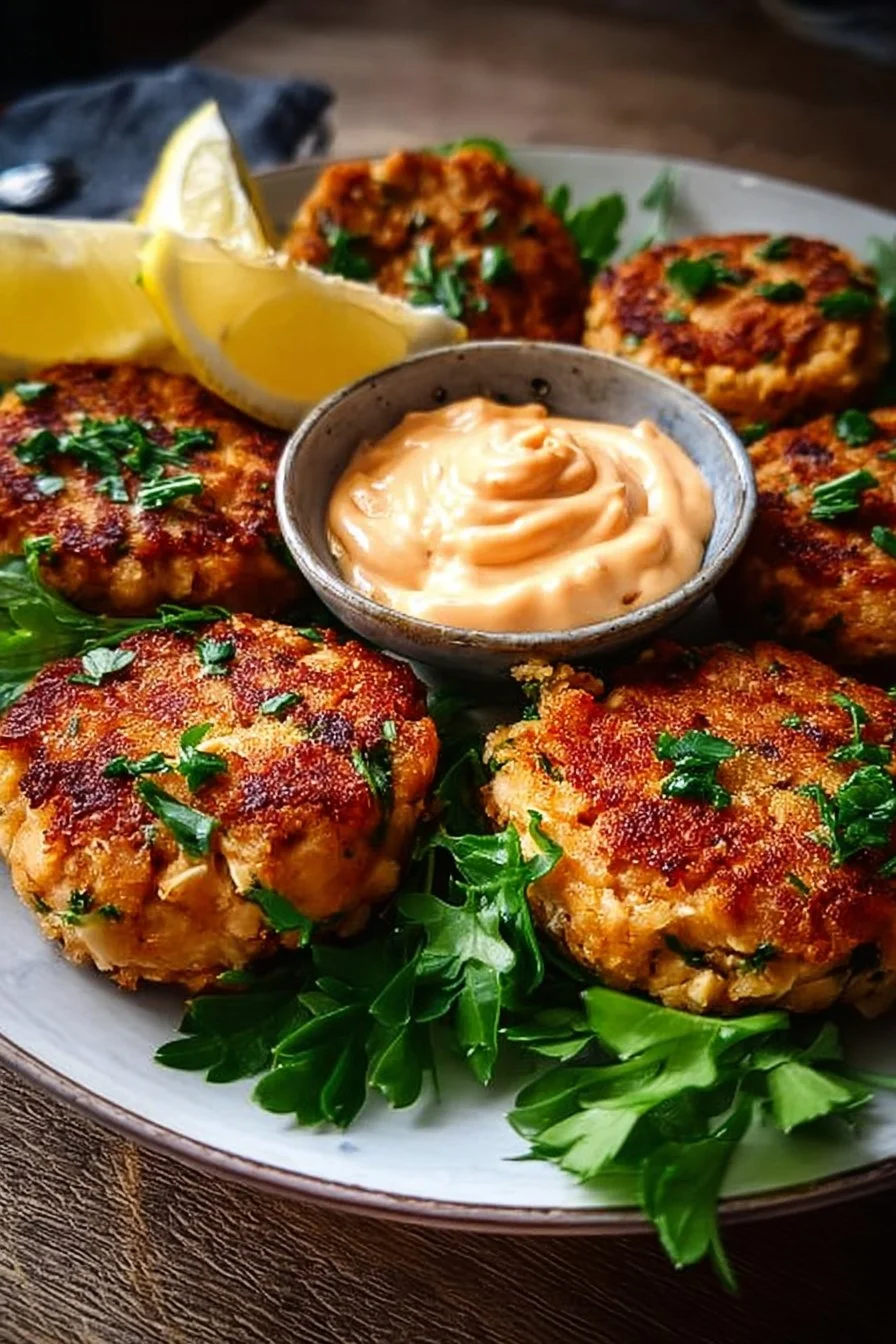 Plate of spicy salmon cakes with Sriracha aioli dipping sauce