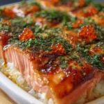 Spicy salmon sushi bake dish ready to serve with garnishes