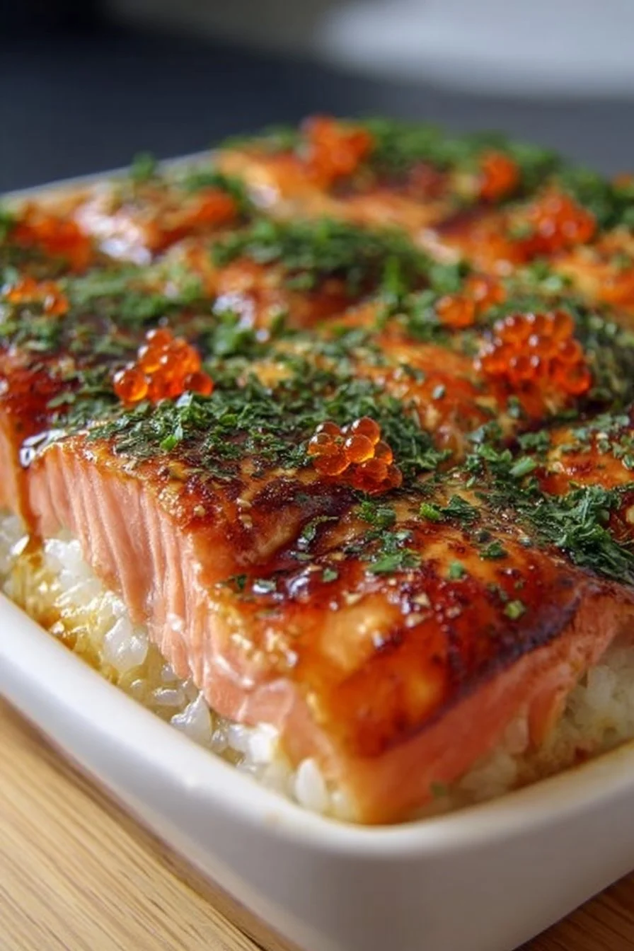 Spicy salmon sushi bake dish ready to serve with garnishes