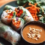 Delicious spring rolls served with creamy peanut sauce for dipping.