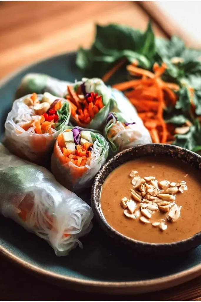 Delicious spring rolls served with creamy peanut sauce for dipping.