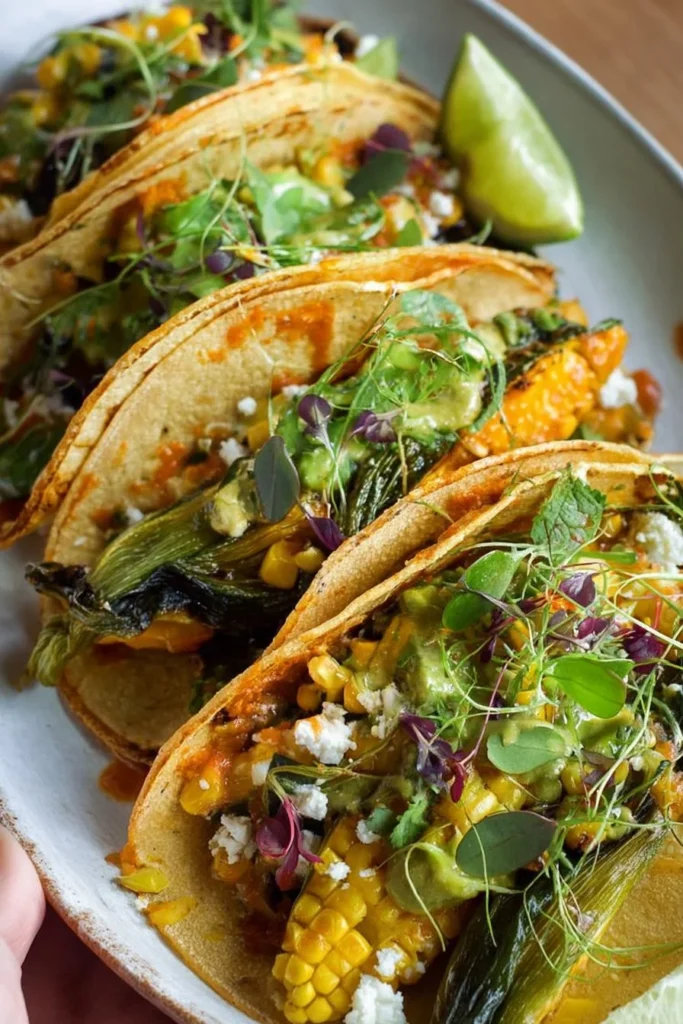 Delicious roasted poblano tacos with squash and corn, garnished with squash blossoms.