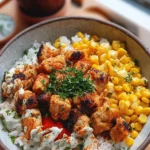 Delicious Street Corn Chicken Rice Bowl topped with fresh ingredients
