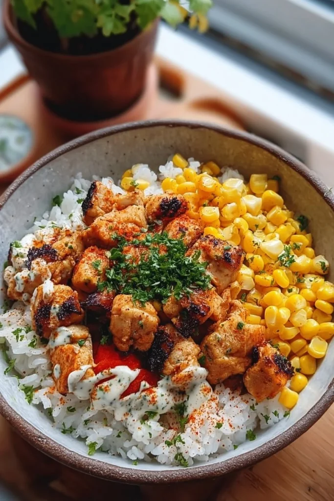 Delicious Street Corn Chicken Rice Bowl topped with fresh ingredients