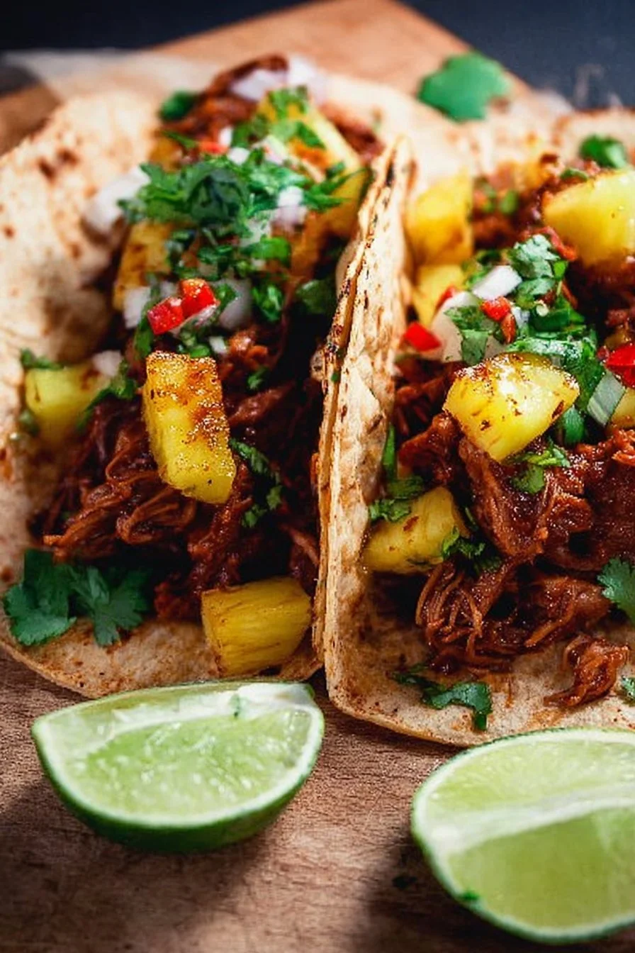 Tacos con Cerdo Marinado and grilled Pineapple served on a plate