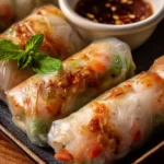 Delicious air fryer rice paper noodle rolls served with dipping sauce