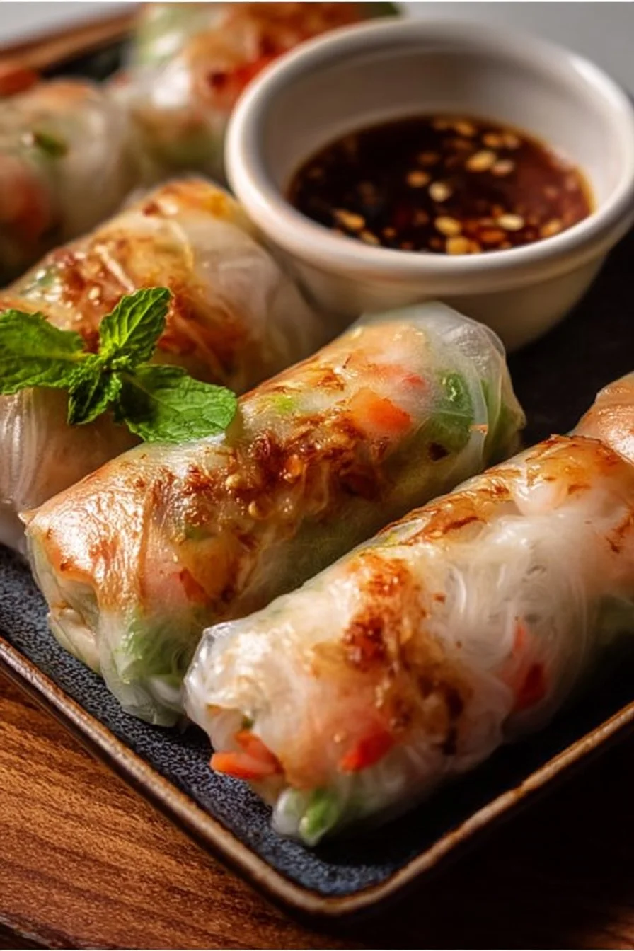 Delicious air fryer rice paper noodle rolls served with dipping sauce