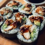 Plate of Teriyaki Chicken Sushi Rolls garnished with wasabi and ginger