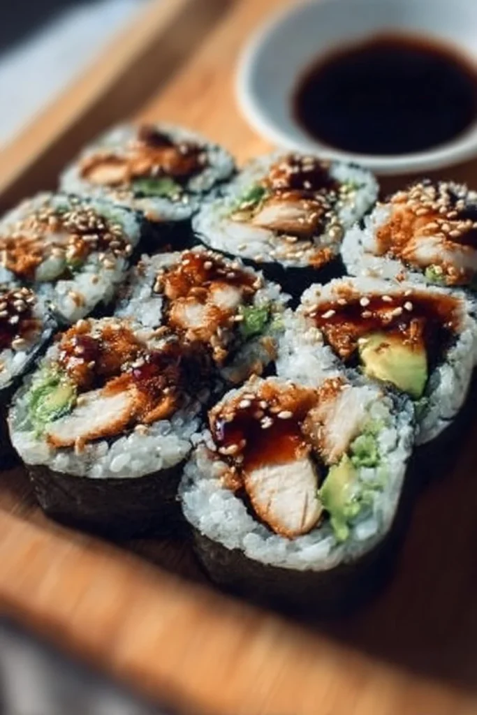 Plate of Teriyaki Chicken Sushi Rolls garnished with wasabi and ginger