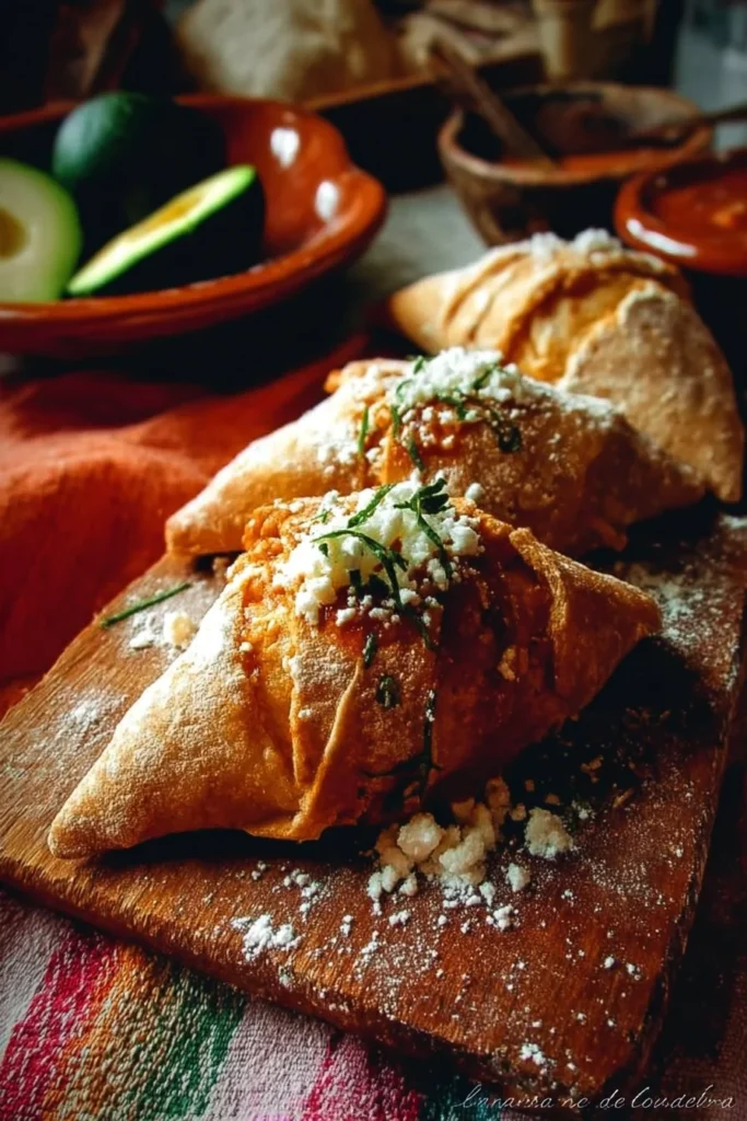 Close-up of Tetelas, traditional Mexican masa filled with beans and cheese.