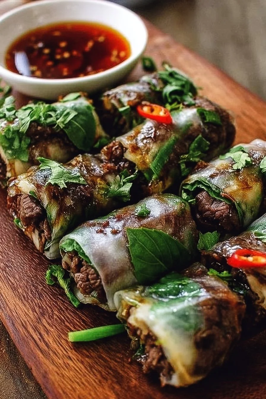 Thai basil beef rolls served on a plate with herbs