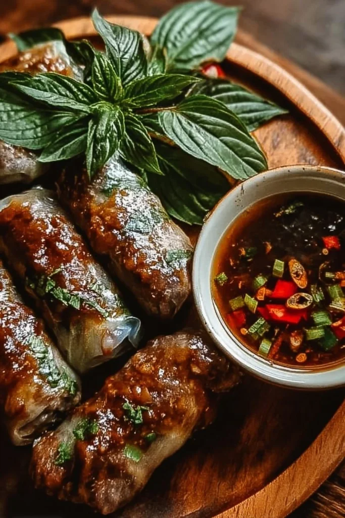 Thai Basil Beef Rolls served with fresh herbs and spices