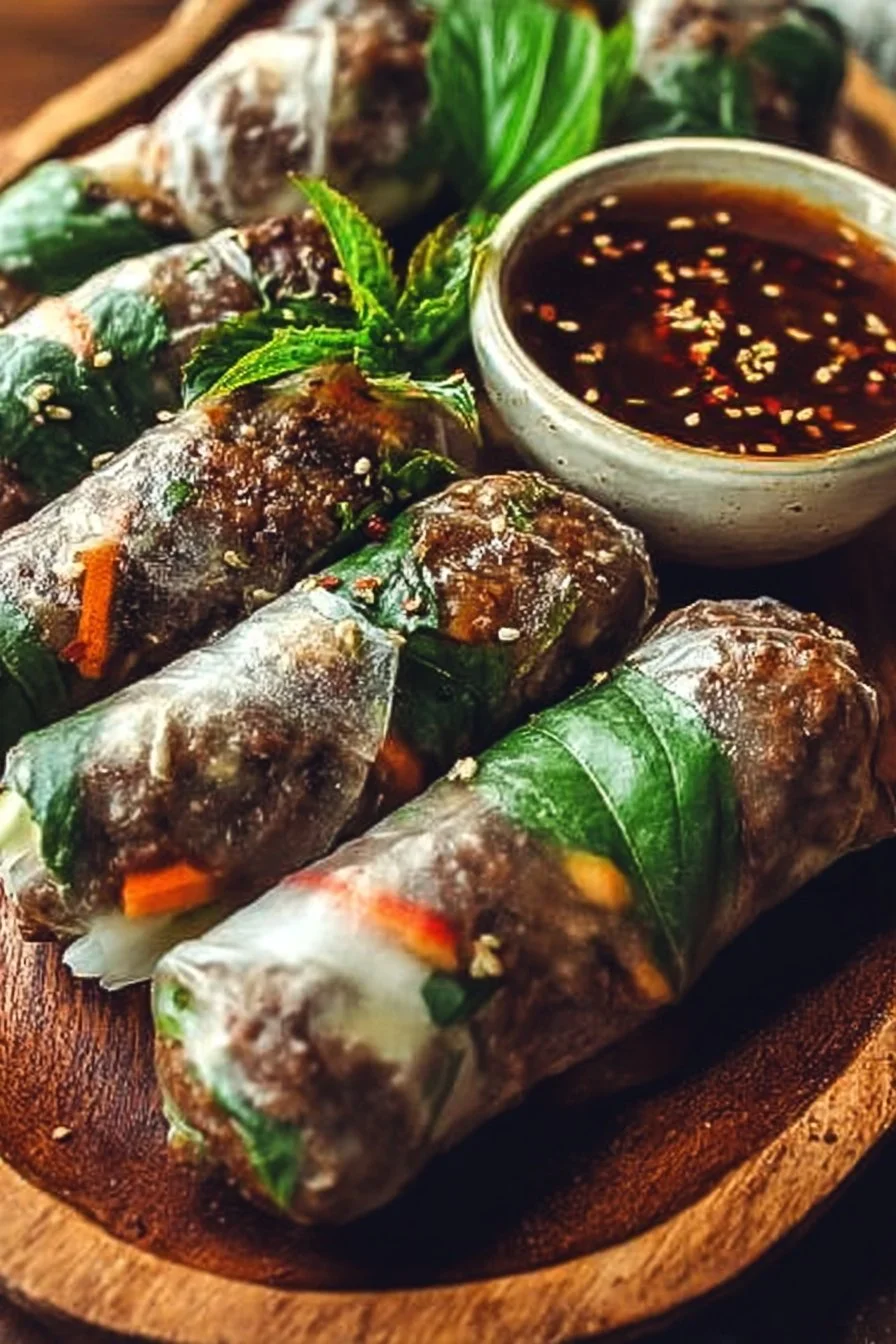 Delicious Thai Basil Beef Rolls filled with fresh herbs and savory beef.