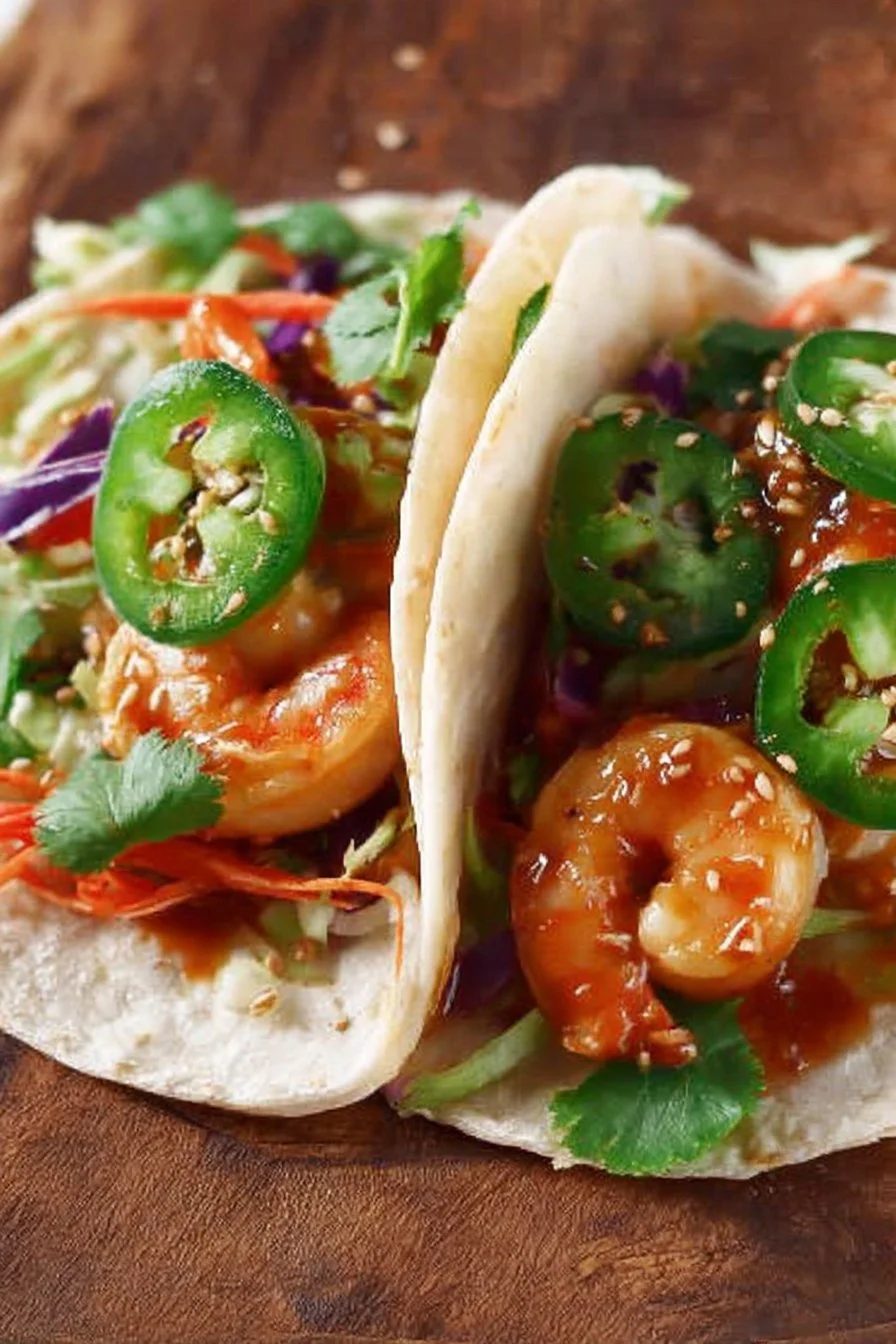 Delicious Thai-inspired shrimp tacos with vibrant toppings and fresh ingredients.