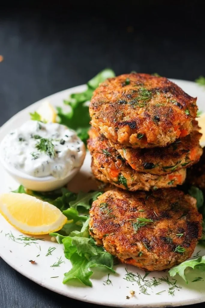 Delicious homemade salmon patties served with a side salad