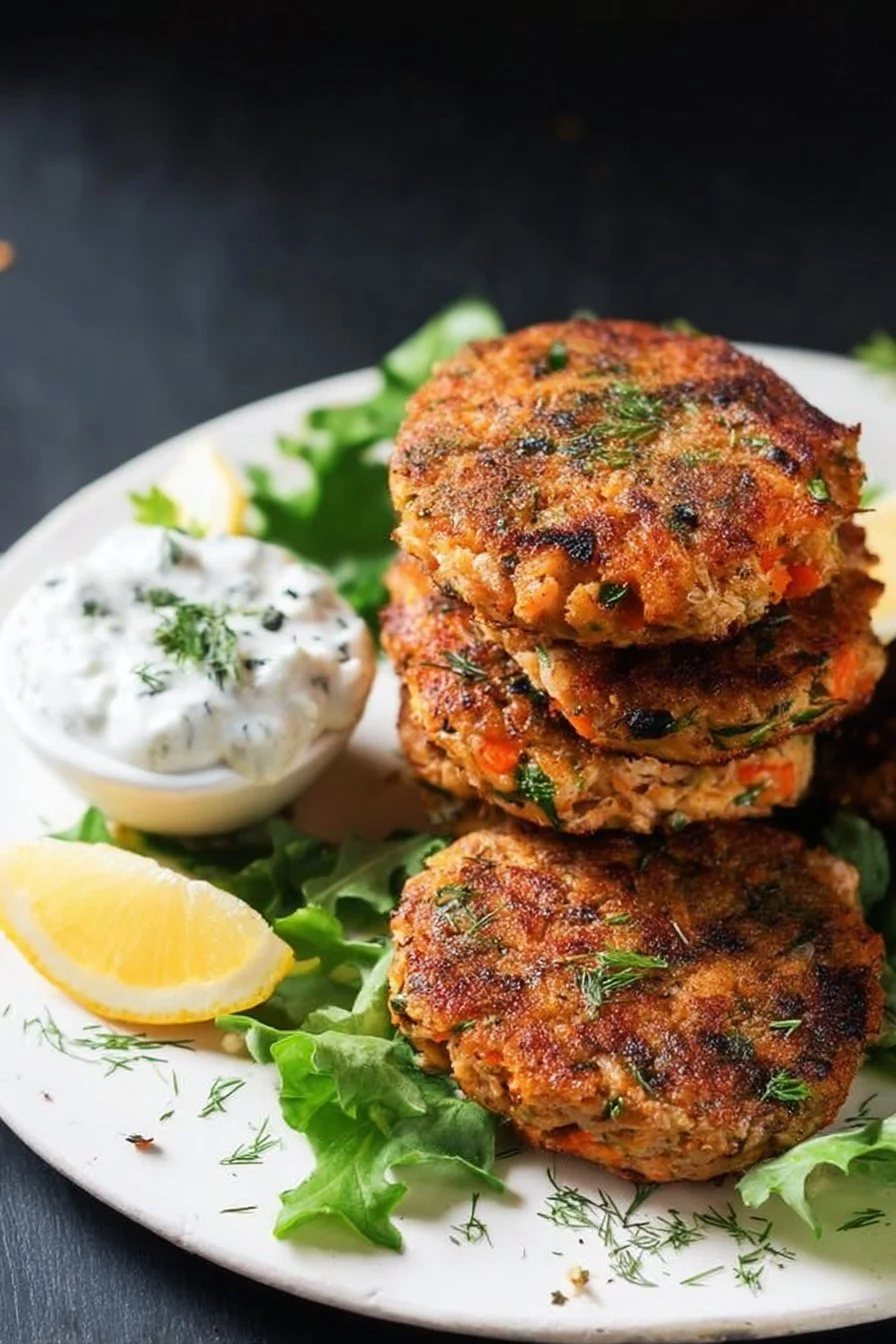 Delicious homemade salmon patties served with a side salad