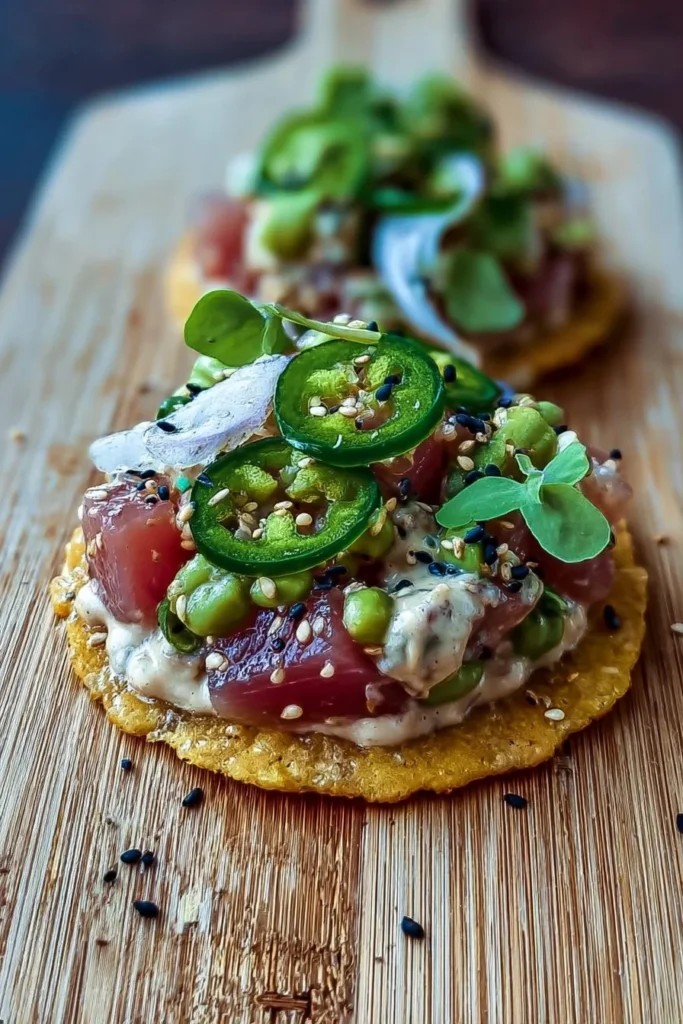 Delicious tuna tartare served on crispy corn tostadas