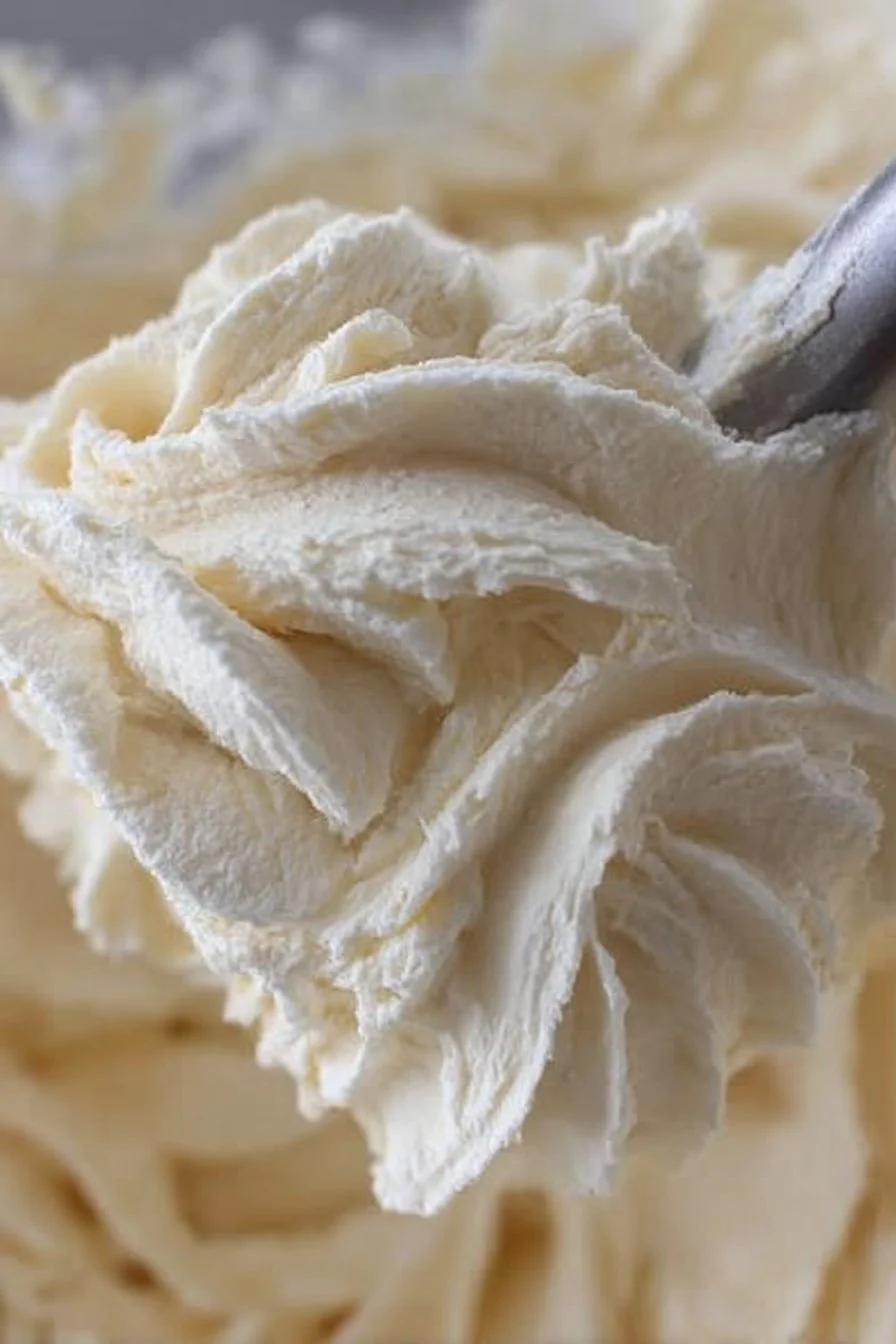 Vanilla American Buttercream Frosting in a bowl with a spatula
