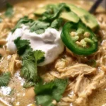 A bowl of creamy white chicken chili topped with fresh herbs and served with cornbread.