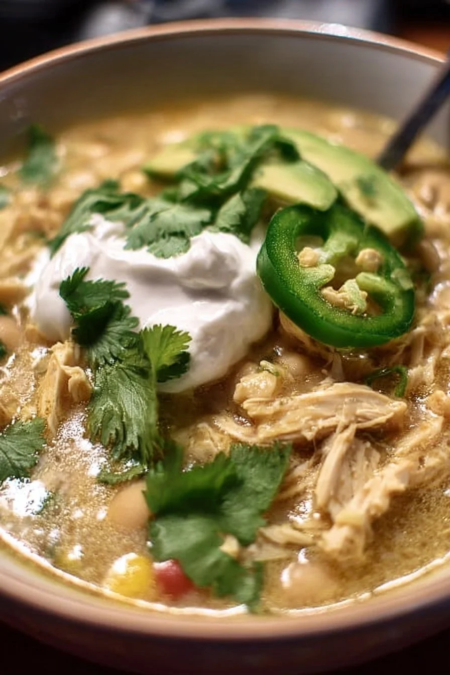 A bowl of creamy white chicken chili topped with fresh herbs and served with cornbread.