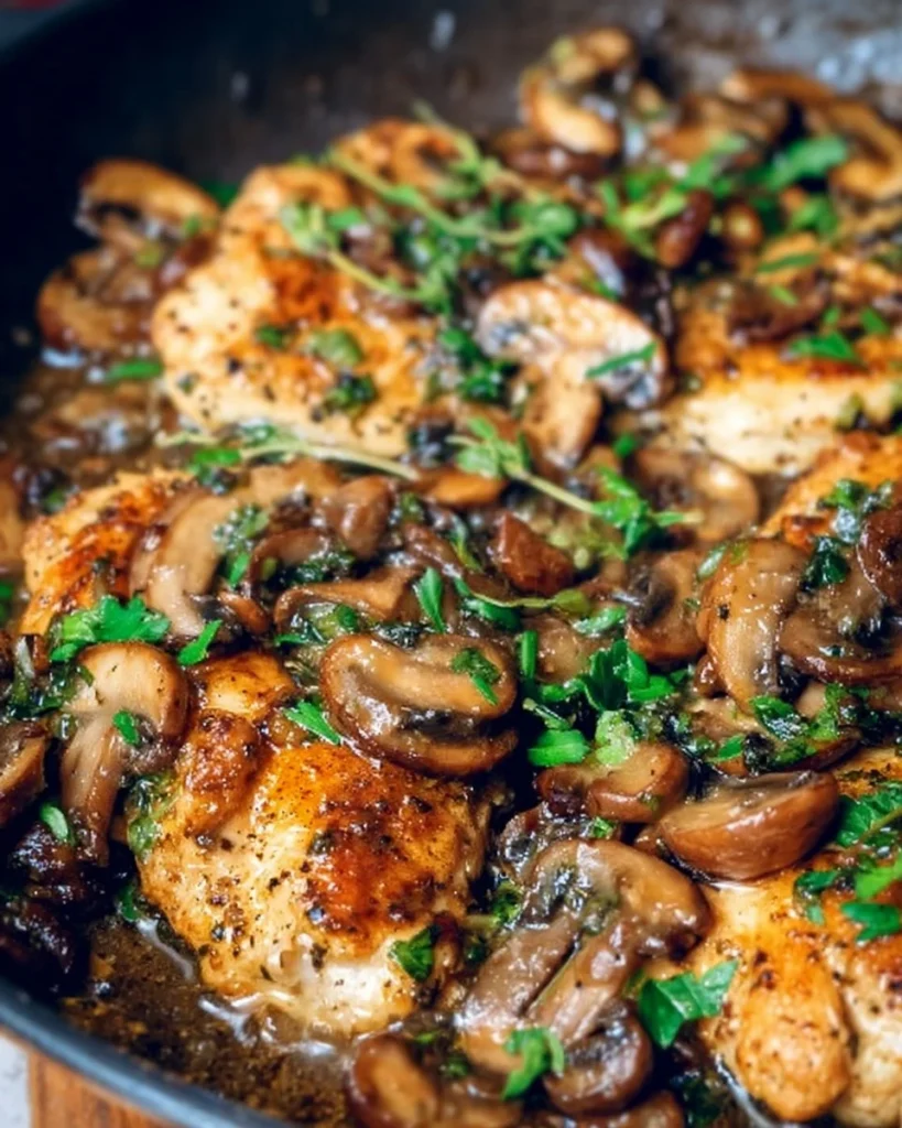 Quick and healthy skillet mushroom chicken dish cooked in 20 minutes.