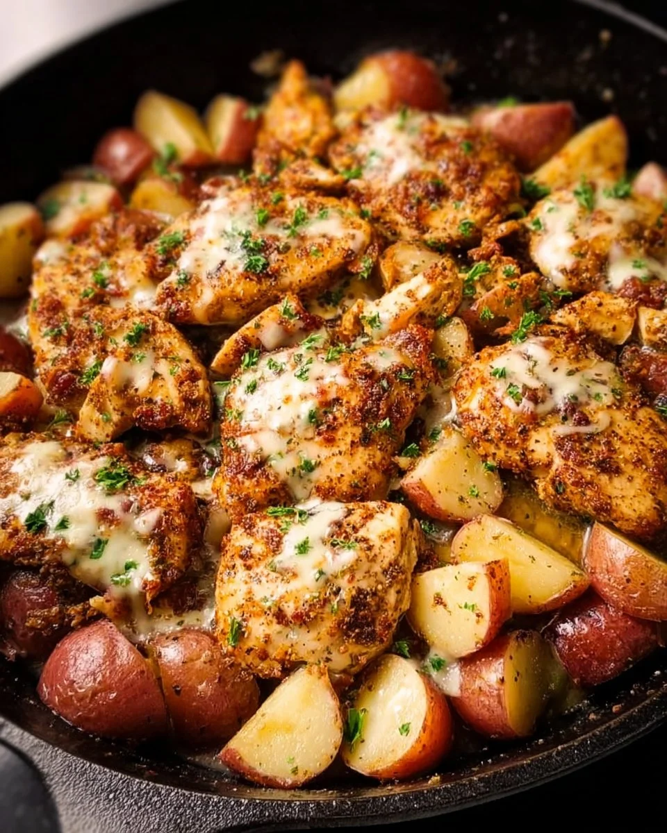 35-Minute Garlic Parmesan Chicken & Potatoes Skillet dish