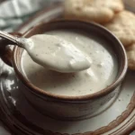 Homemade white gravy made with 4 ingredients served over biscuits.