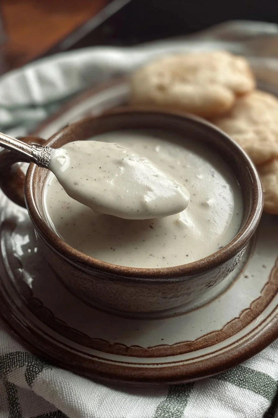 Homemade white gravy made with 4 ingredients served over biscuits.