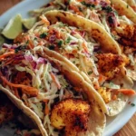 Delicious roasted cauliflower tacos with fresh slaw on a plate