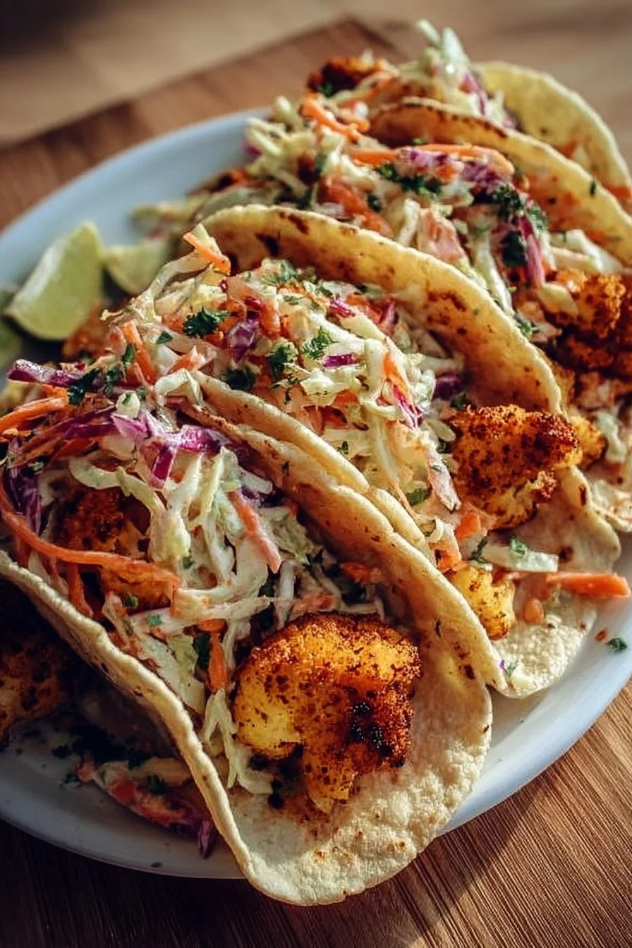 Delicious roasted cauliflower tacos with fresh slaw on a plate