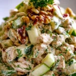 Bowl of quick apple walnut chicken salad with fresh ingredients