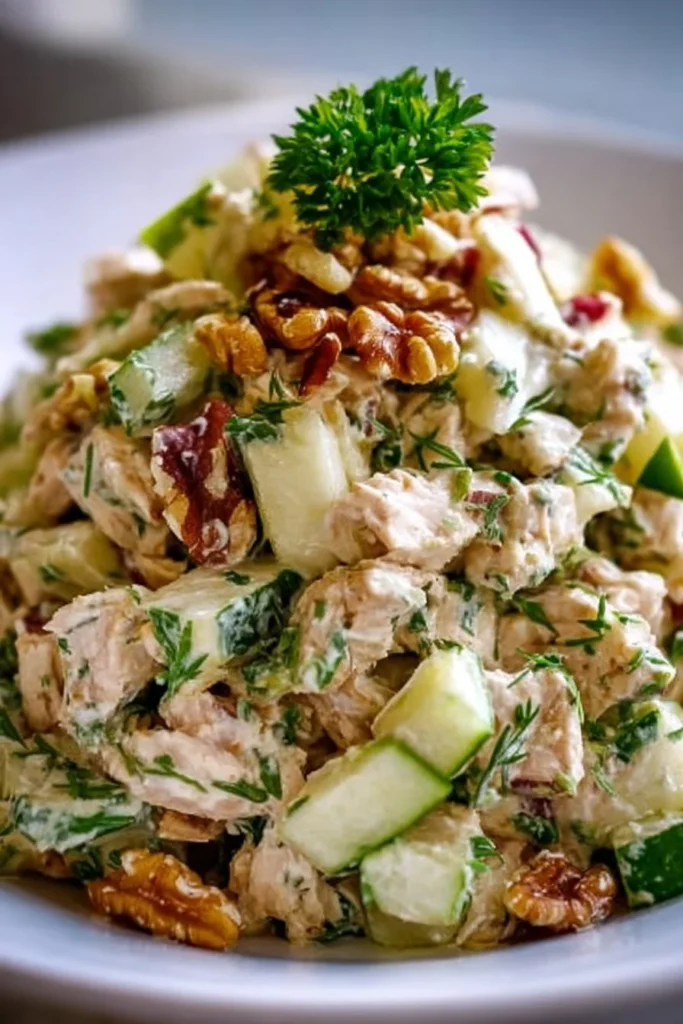Bowl of quick apple walnut chicken salad with fresh ingredients