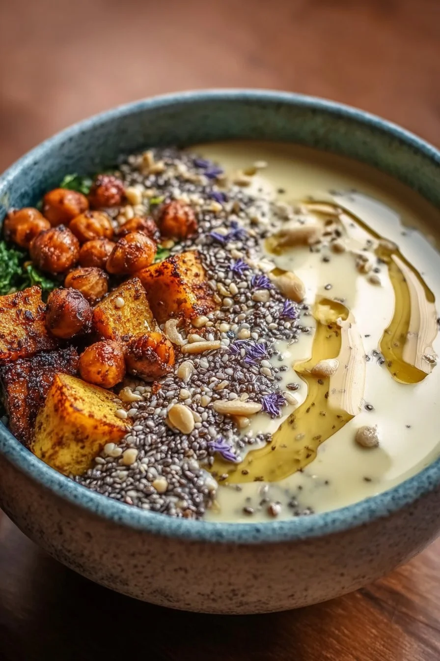 Anti-Inflammatory Glow Bowl topped with Tahini for healthy eating