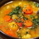 Bowl of anti-inflammatory Golden Detox Soup garnished with herbs and spices