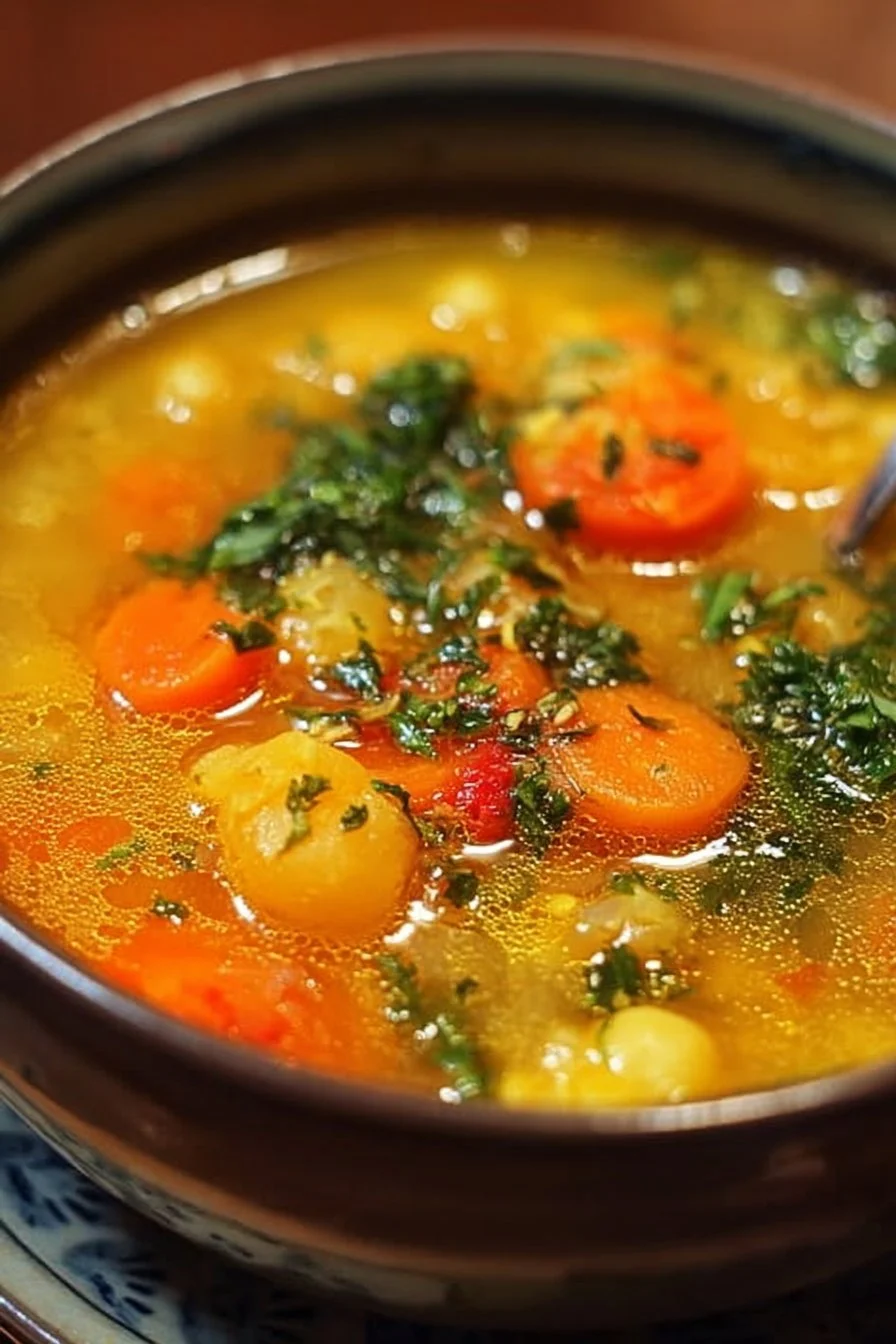 Bowl of anti-inflammatory Golden Detox Soup garnished with herbs and spices