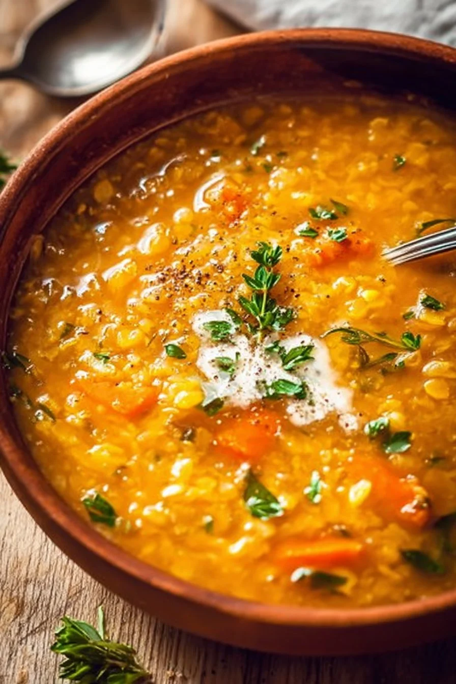 Bowl of anti-inflammatory red lentil soup topped with herbs