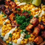 Anti-Inflammatory Street Corn Chicken Rice Bowl with vibrant toppings