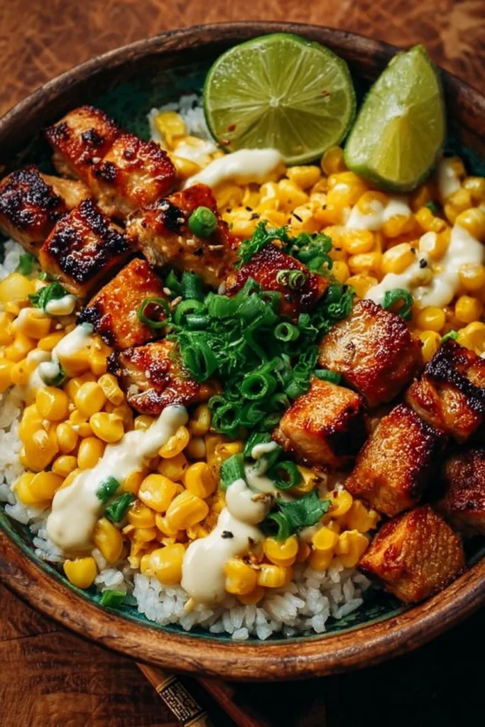 Anti-Inflammatory Street Corn Chicken Rice Bowl with vibrant toppings
