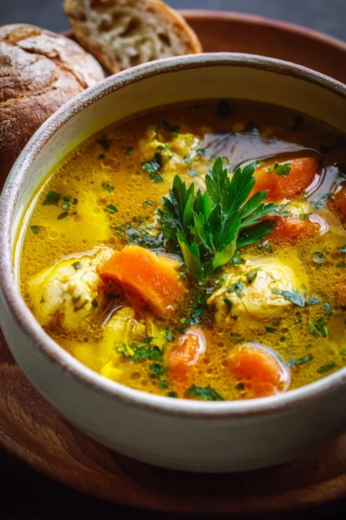 Bowl of anti-inflammatory turmeric chicken soup with vibrant herbs and spices