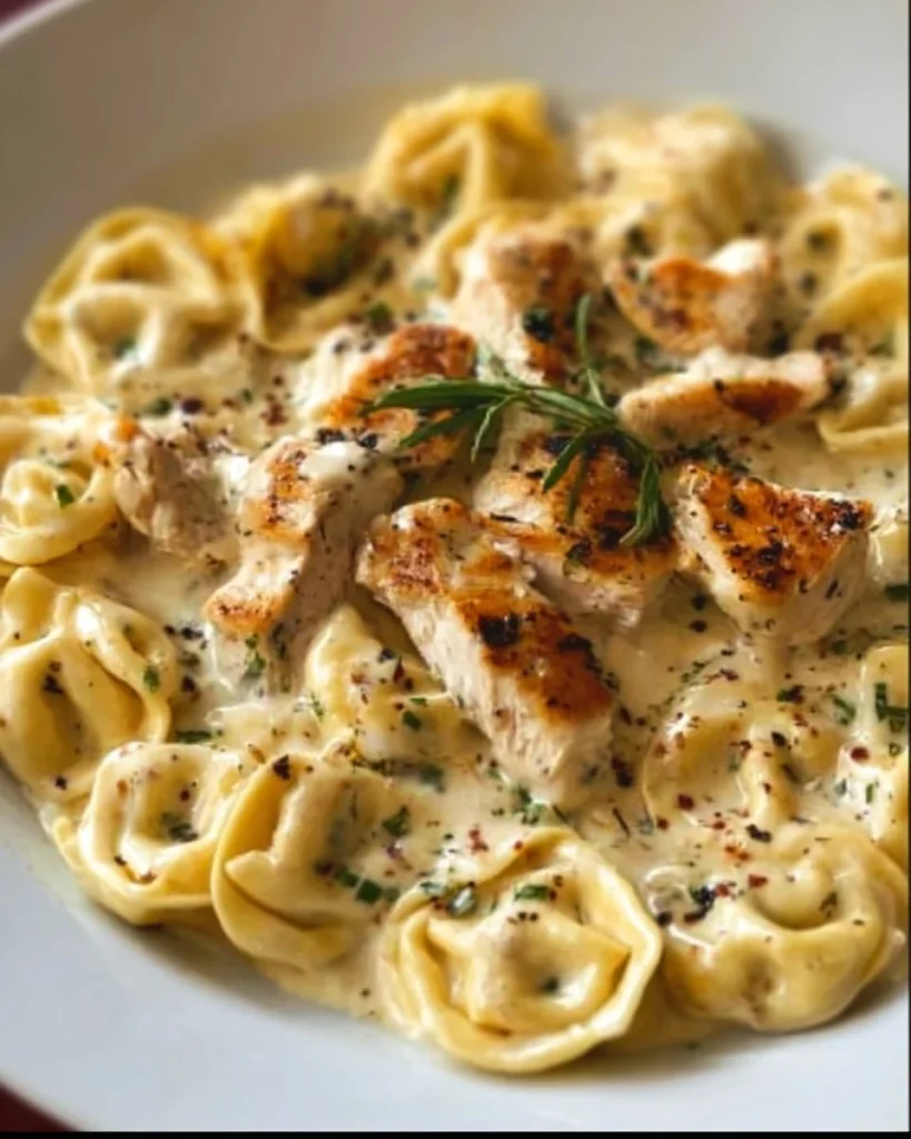 Creamy Asiago Tortelloni Alfredo with grilled chicken served in a bowl.