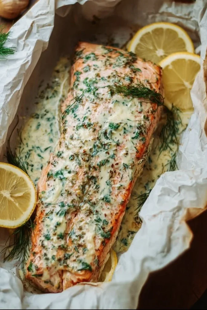 Baked salmon with garlic mayo served on a plate
