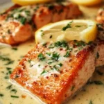Baked salmon topped with lemon butter cream sauce on a white plate.