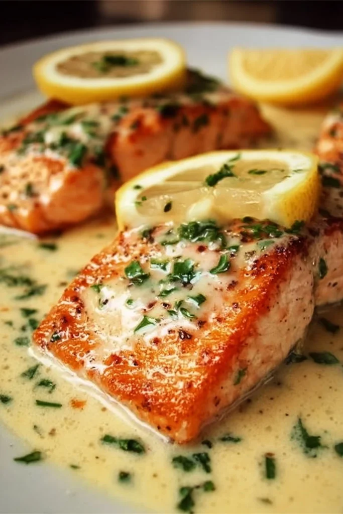 Baked salmon topped with lemon butter cream sauce on a white plate.