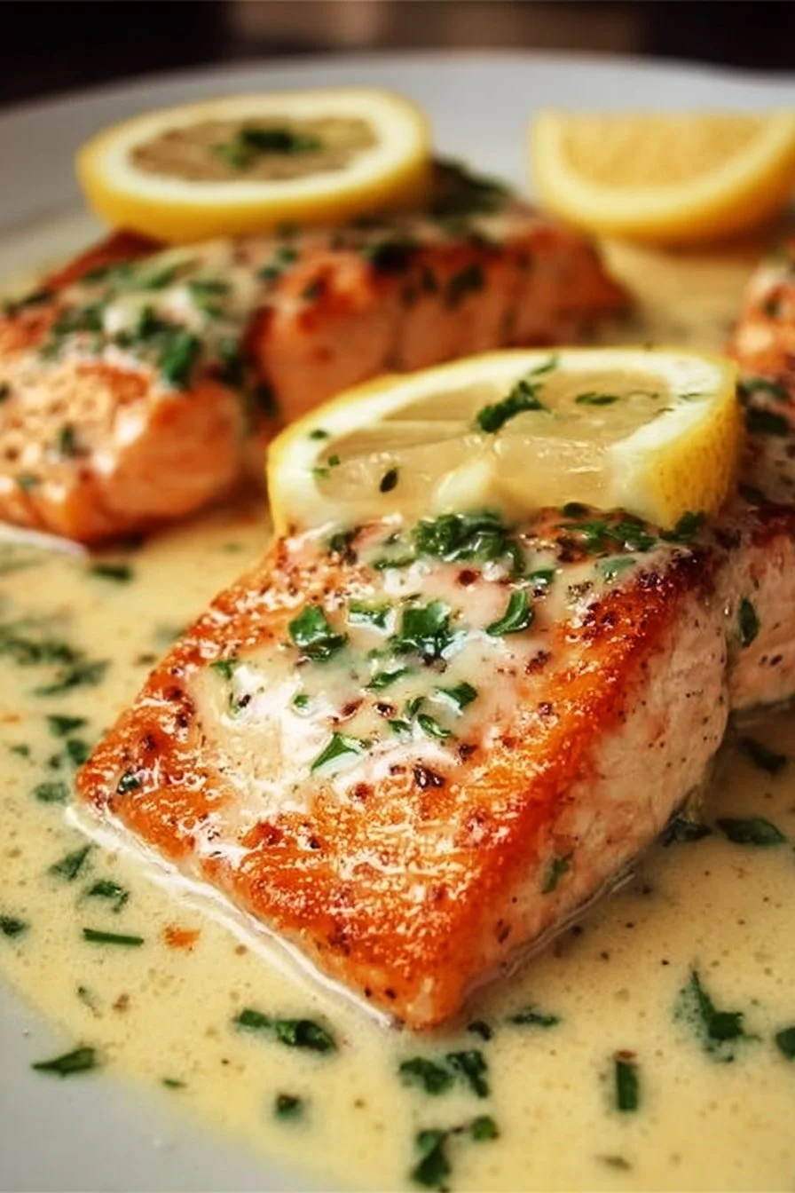 Baked salmon topped with lemon butter cream sauce on a white plate.