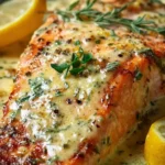 Baked salmon fillet topped with creamy lemon butter sauce on a plate.