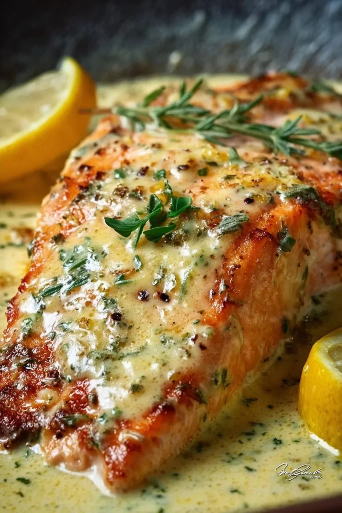 Baked salmon fillet topped with creamy lemon butter sauce on a plate.