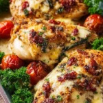 Delicious Baked Tuscan Chicken served with creamy sauce and fresh herbs